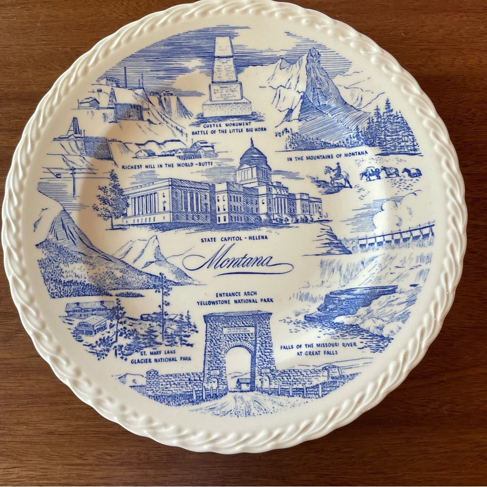 Vintage Montana Souvenir Collector Plate Ivory Blue Vernon Kilns
